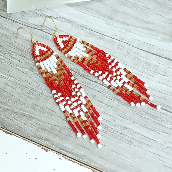 Boho Chic Beaded Fringe Dangle Earrings, Gold Red White, 4" - Picture 6 of 8